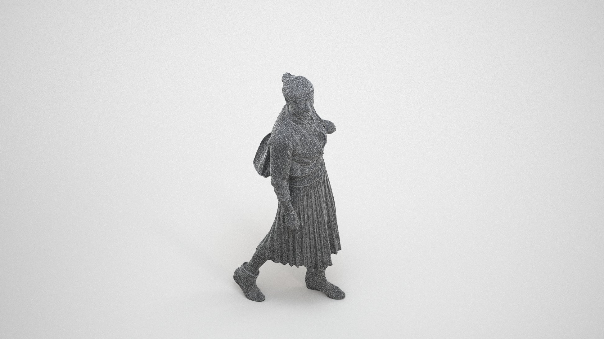3D scanned senior woman walking casual, photorealistic archviz people for Enscape and SketchUp, wireframe three-quarter view