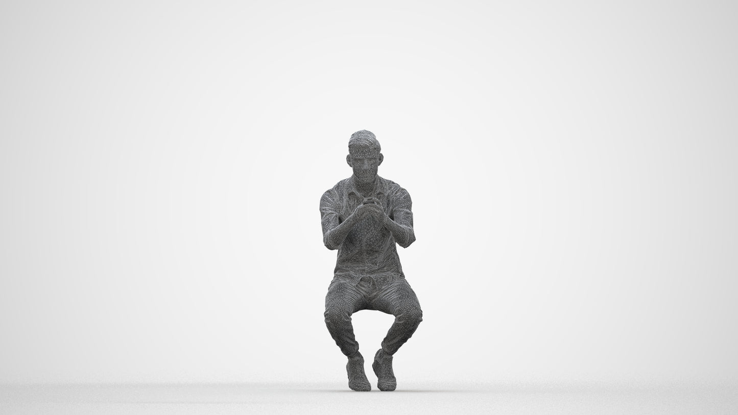 realistic 3D man casual sitting, scanned archviz people for Blender and 3ds Max, wireframe back view