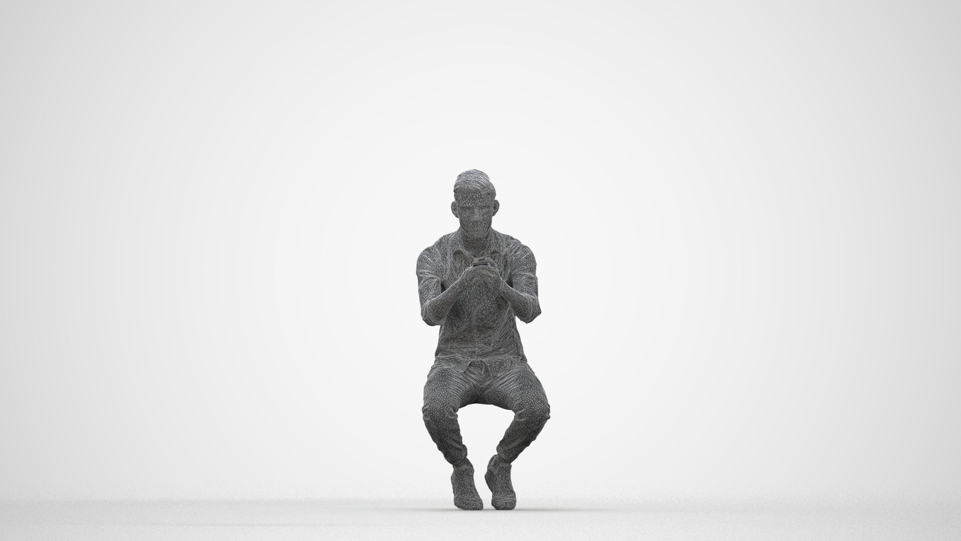 realistic 3D man casual sitting, scanned archviz people for Blender and 3ds Max, wireframe back view
