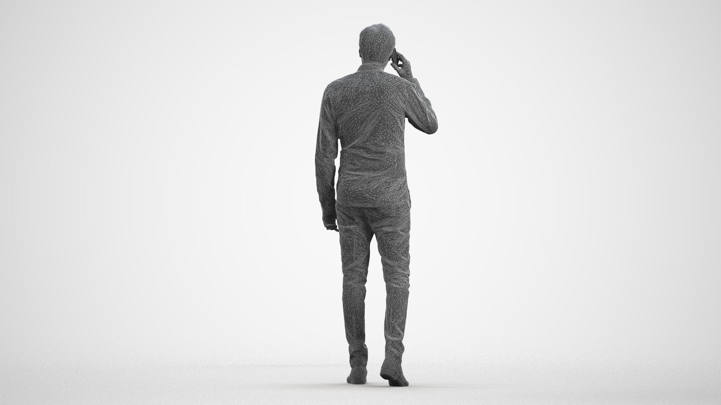 3D scanned man walking business, photorealistic archviz people for Enscape and SketchUp, wireframe front view