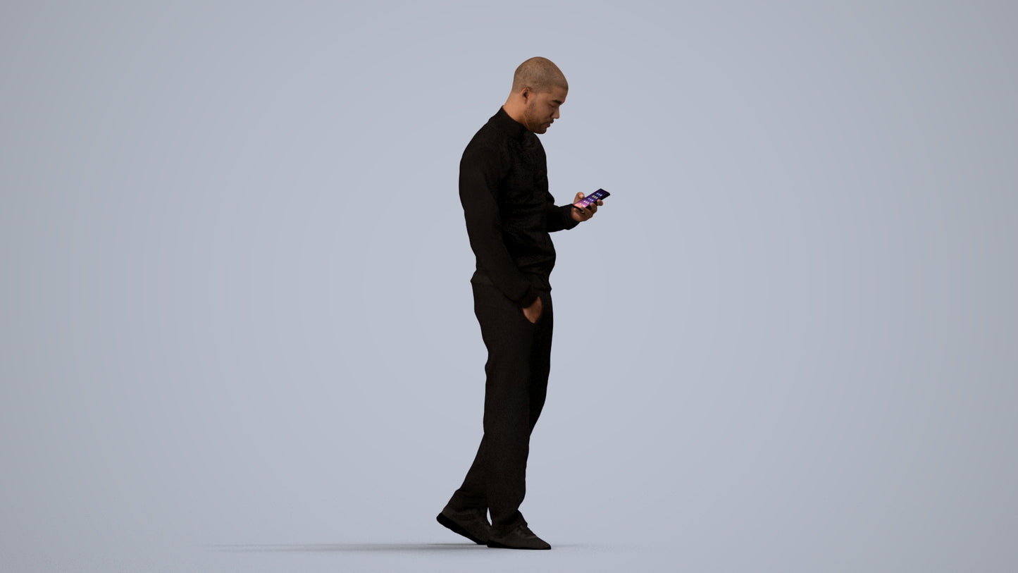 3D people model man walking, scanned human for 3ds Max rendering, side view render