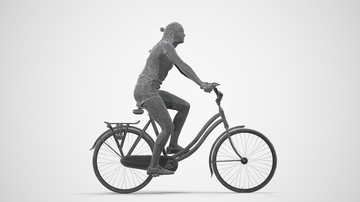 realistic 3D human girl casual cycling, archviz people FBX OBJ for Blender, wireframe side view