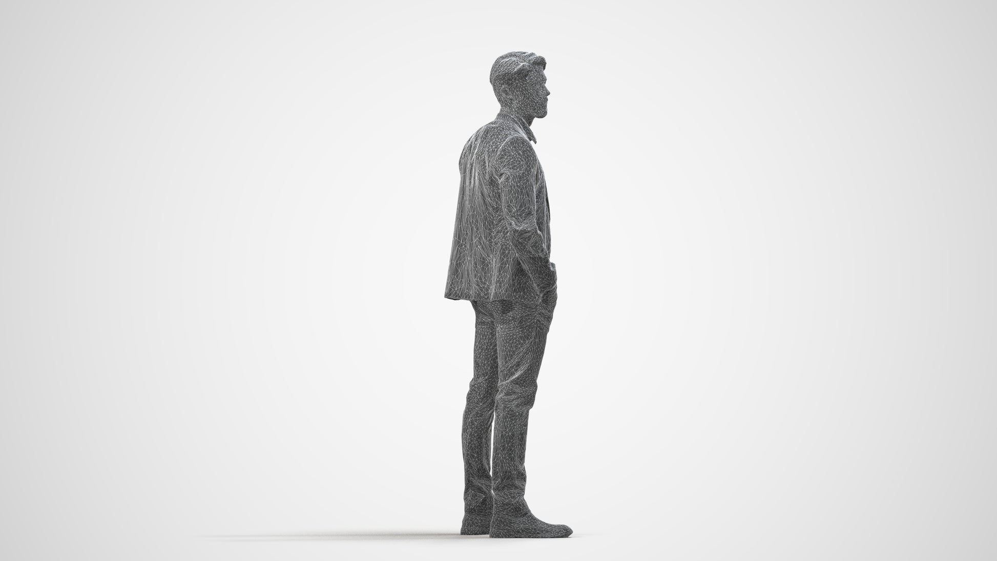 3D human model man business, photogrammetry scanned person for archviz, wireframe side view