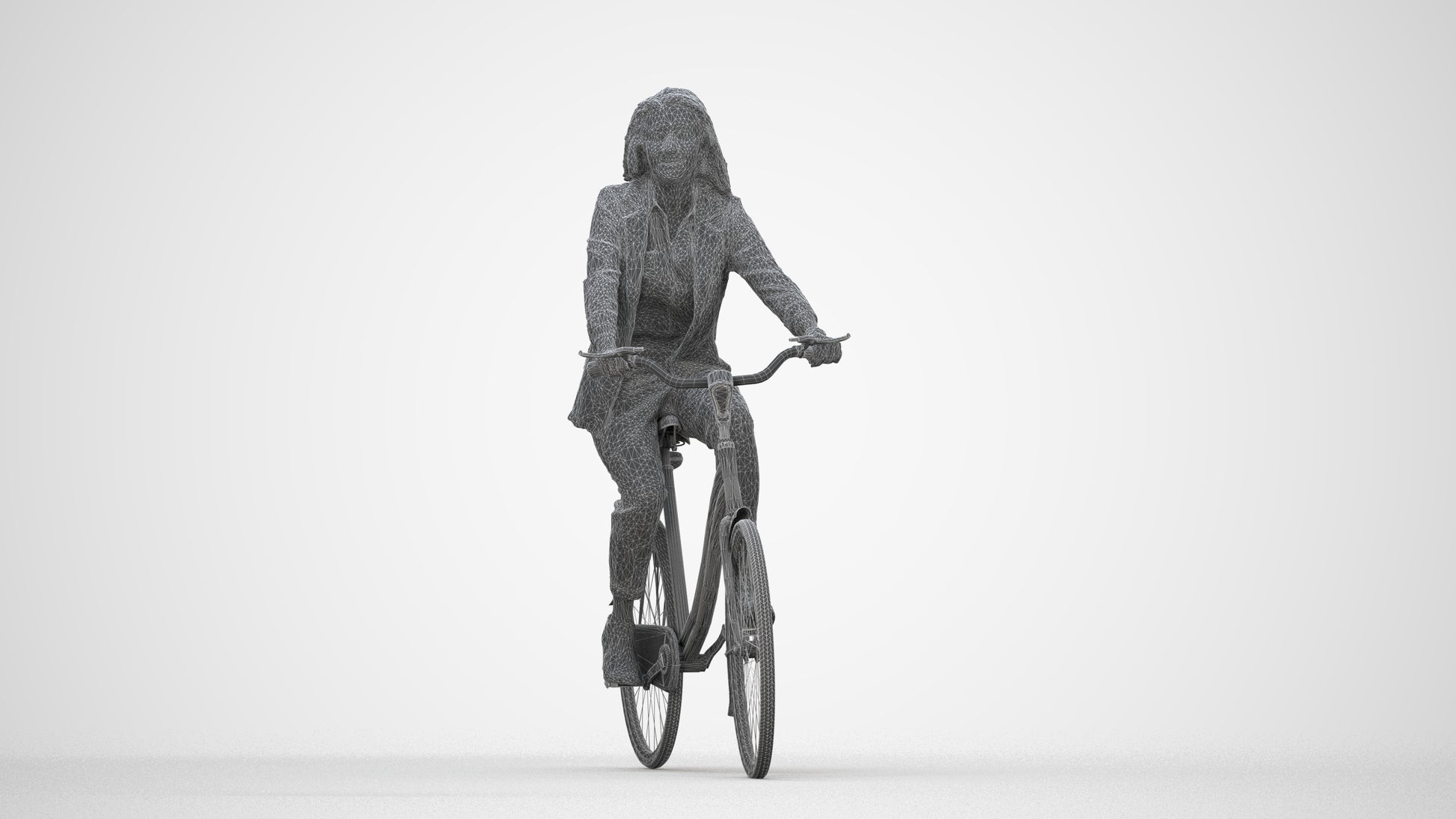 photogrammetry 3D woman business cycling, realistic human model archviz FBX, wireframe back view