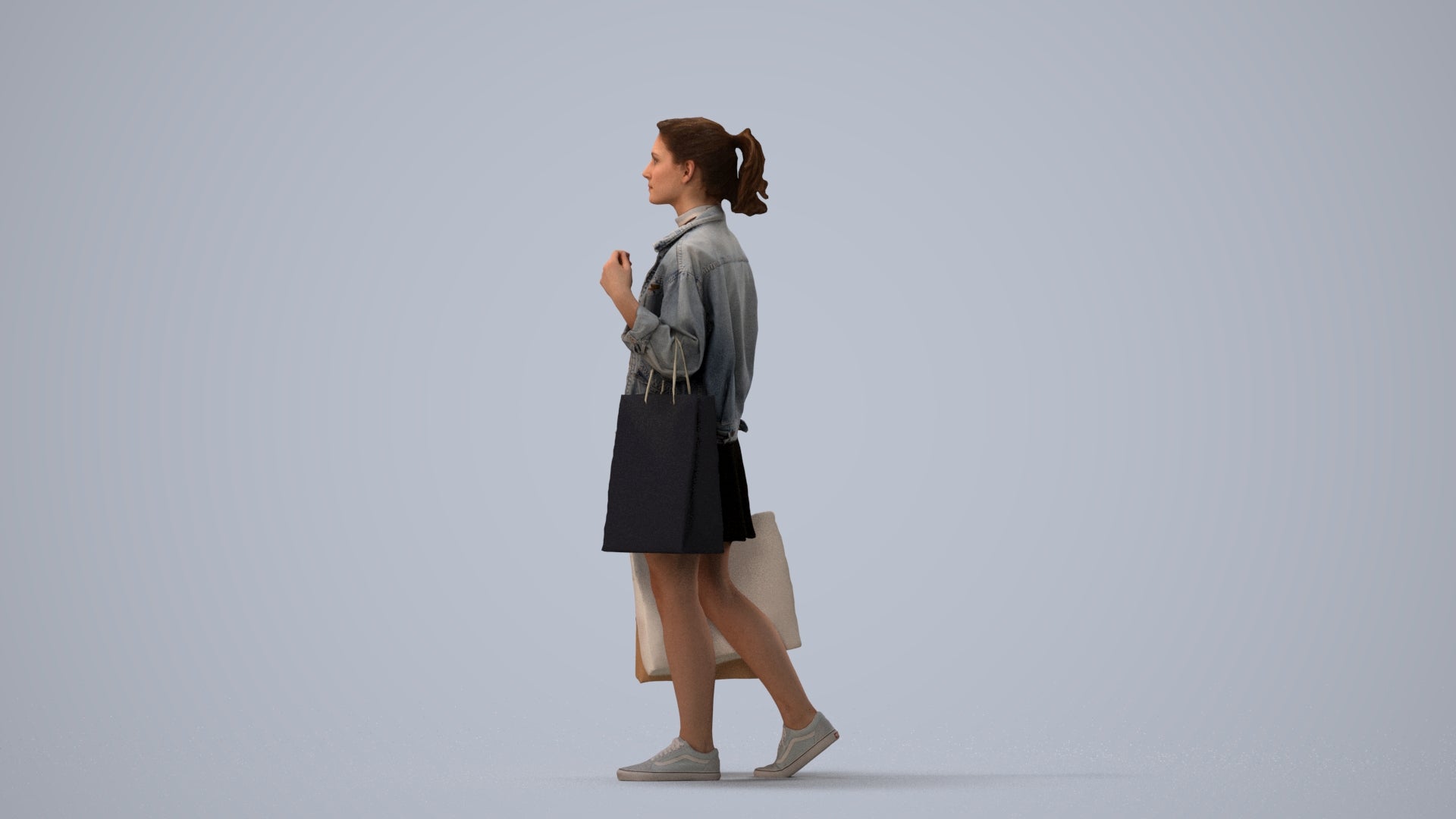 3D scanned woman shopping casual, photorealistic archviz people for Enscape and SketchUp, three-quarter view render