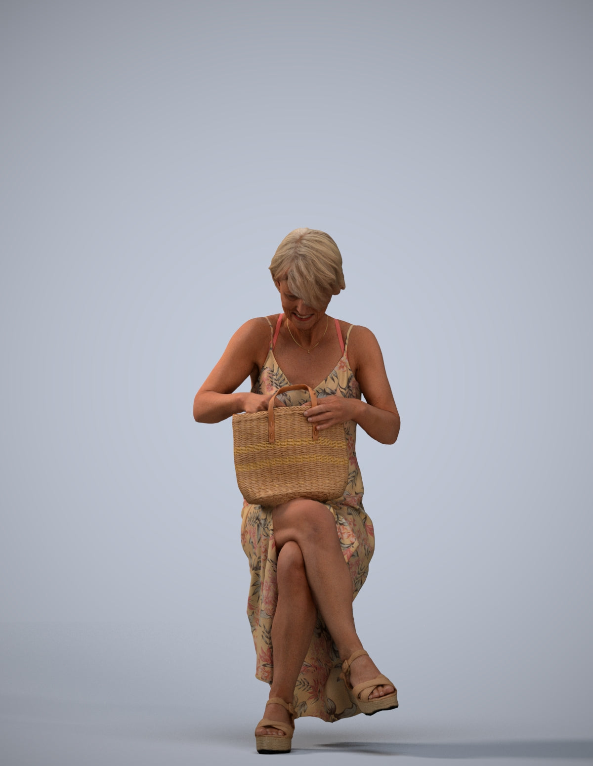 3D human model senior woman sitting, photogrammetry scanned person for archviz