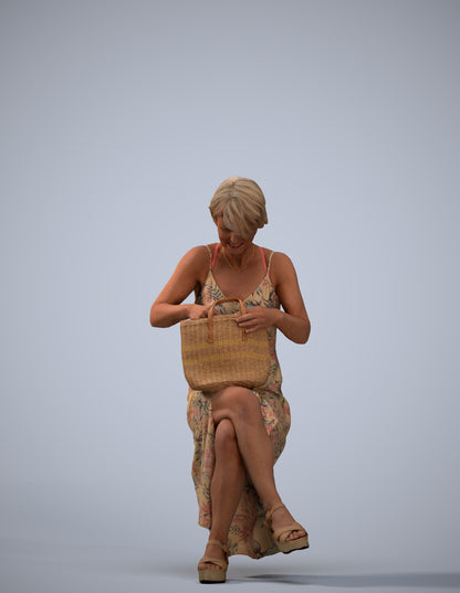 3D human model senior woman sitting, photogrammetry scanned person for archviz