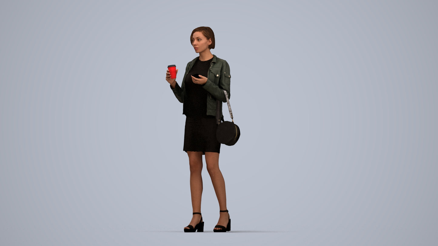 realistic 3D human woman casual standing, archviz people FBX OBJ for Blender, top-down view render