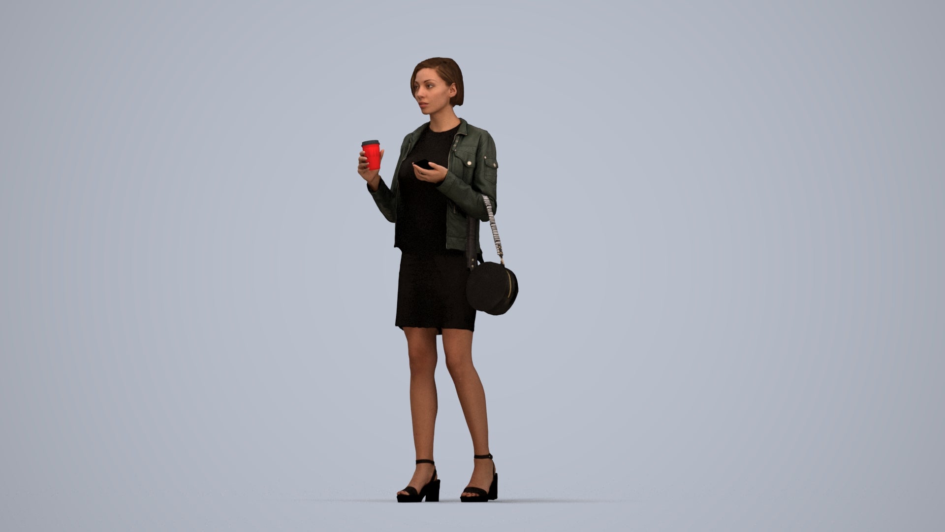 realistic 3D human woman casual standing, archviz people FBX OBJ for Blender, top-down view render
