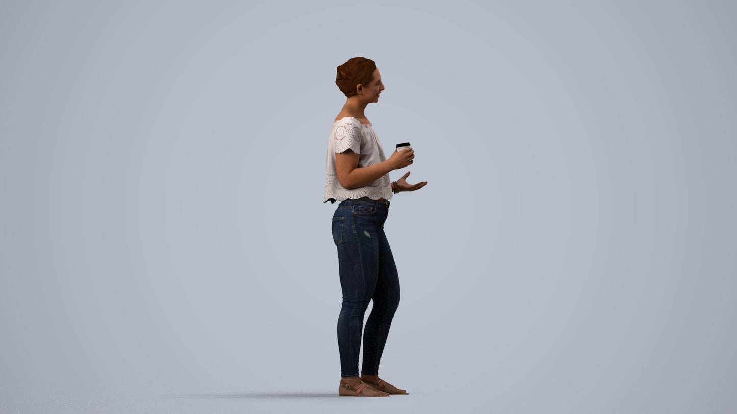 3D scanned woman standing casual, photorealistic archviz people for Enscape and SketchUp, side view render