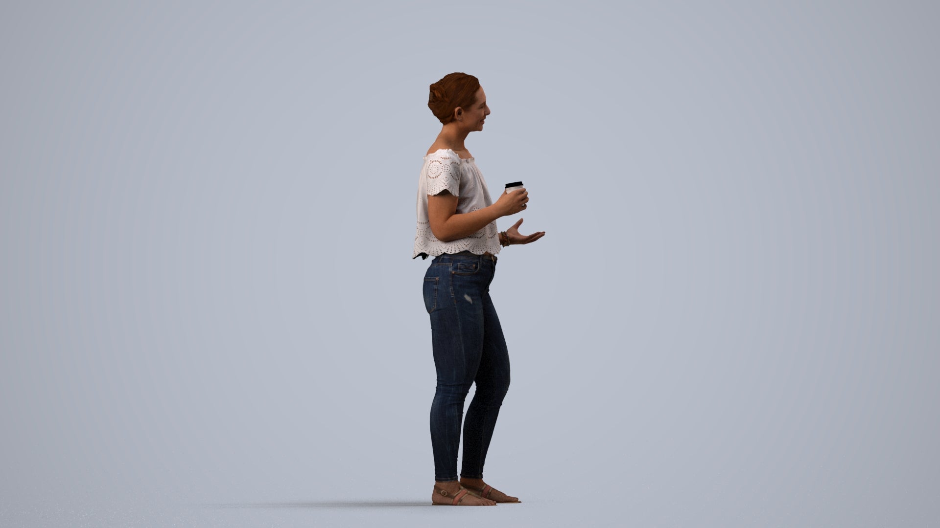 3D scanned woman standing casual, photorealistic archviz people for Enscape and SketchUp, side view render