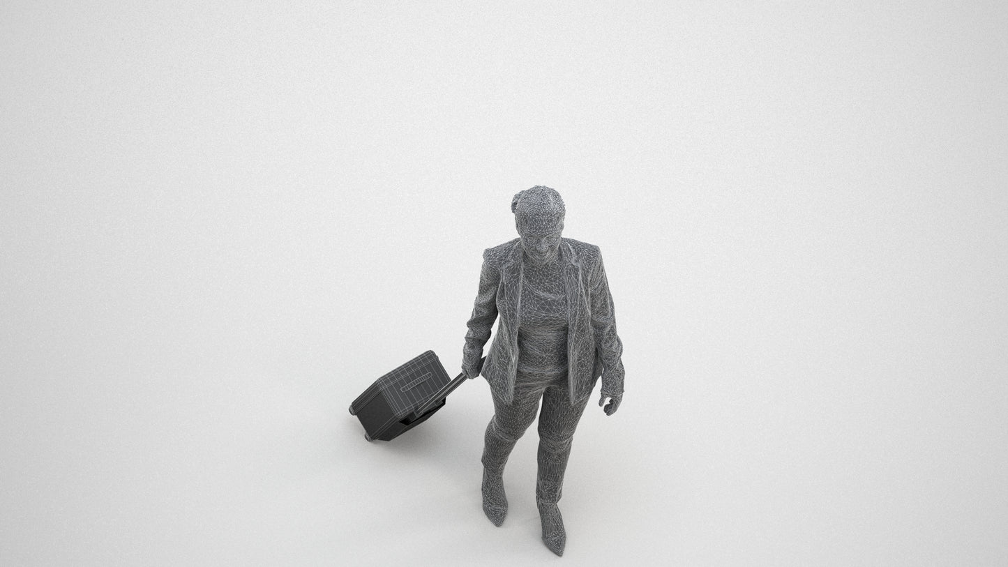 3D scanned woman walking business, photorealistic archviz people for Enscape and SketchUp, wireframe three-quarter view