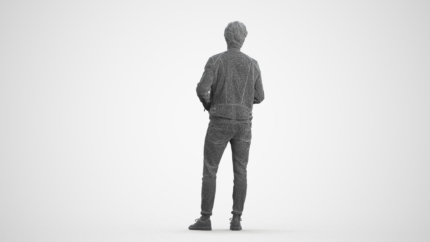 photogrammetry 3D man casual standing, realistic human model archviz FBX, wireframe front view