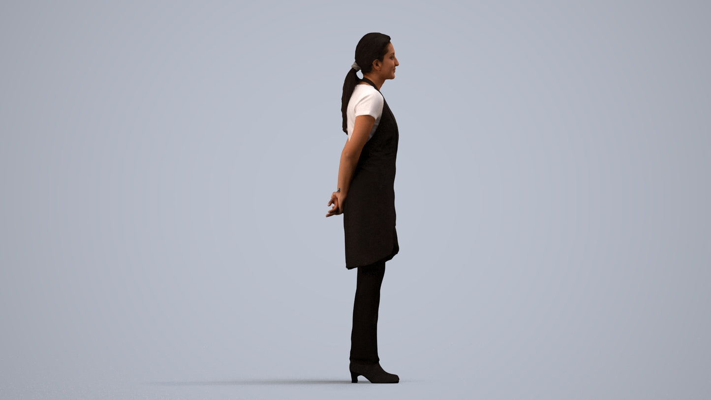 realistic 3D woman hospitality, scanned archviz people for Blender and 3ds Max, side view render