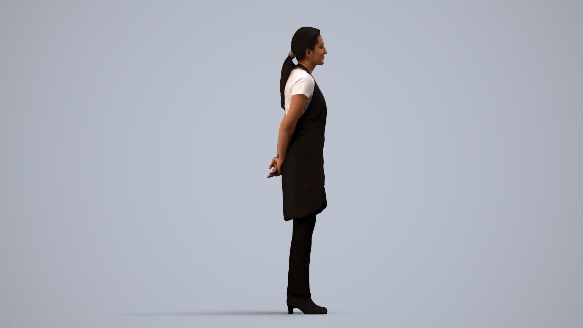 realistic 3D woman hospitality, scanned archviz people for Blender and 3ds Max, side view render