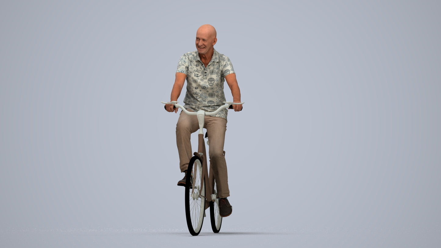 photogrammetry 3D senior man casual cycling, realistic human model archviz FBX, top-down view render