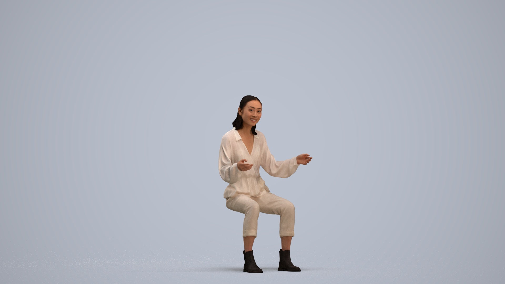3D scanned woman sitting casual, photorealistic archviz people for Enscape and SketchUp, standing pose render