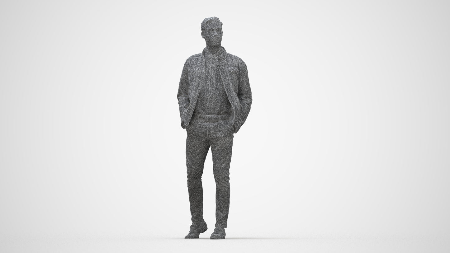 3D human model man casual walking, photogrammetry scanned person for archviz, wireframe back view