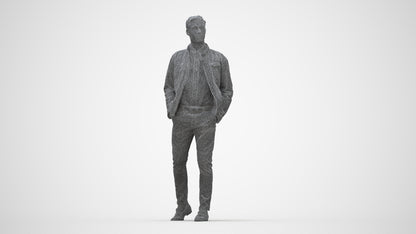 3D human model man casual walking, photogrammetry scanned person for archviz, wireframe back view