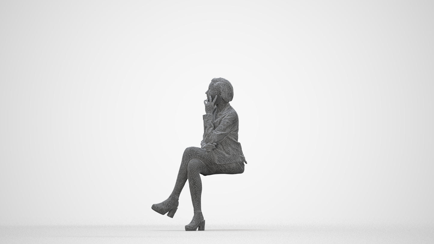 3D human model woman casual sitting, photogrammetry scanned person for archviz, wireframe back view