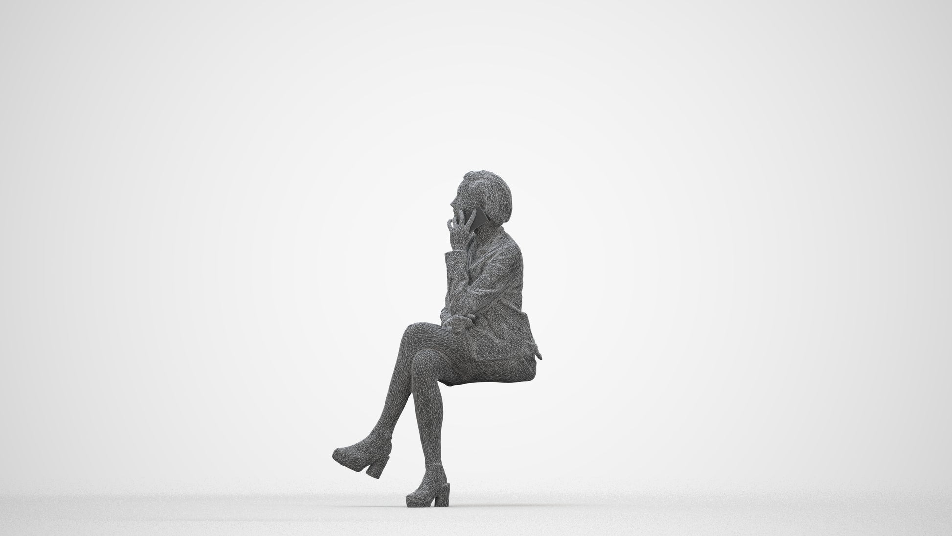 3D human model woman casual sitting, photogrammetry scanned person for archviz, wireframe back view