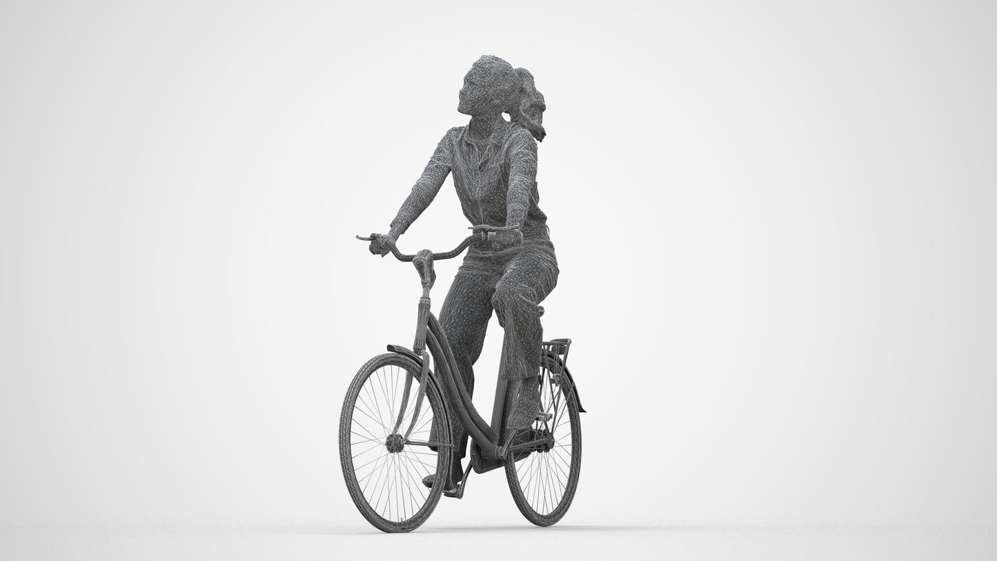 3D scanned woman cycling casual, photorealistic archviz people for Enscape and SketchUp, wireframe back view