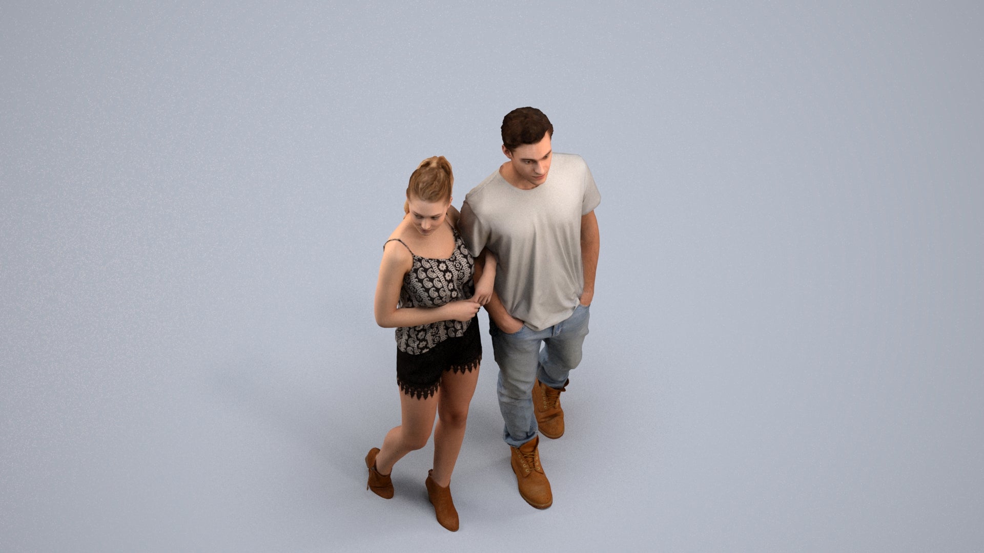 realistic 3D people woman casual couple, render-ready for V-Ray and Corona, FBX OBJ, back view render
