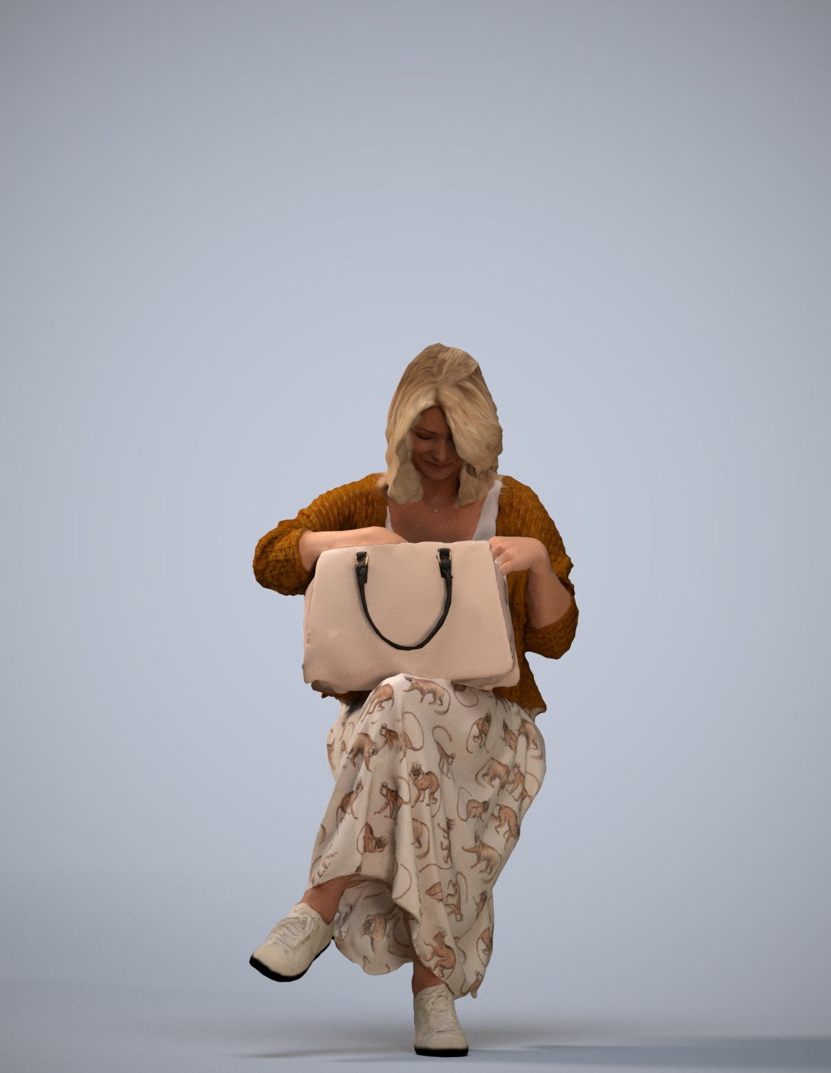 realistic 3D woman casual sitting, scanned archviz people for Blender and 3ds Max