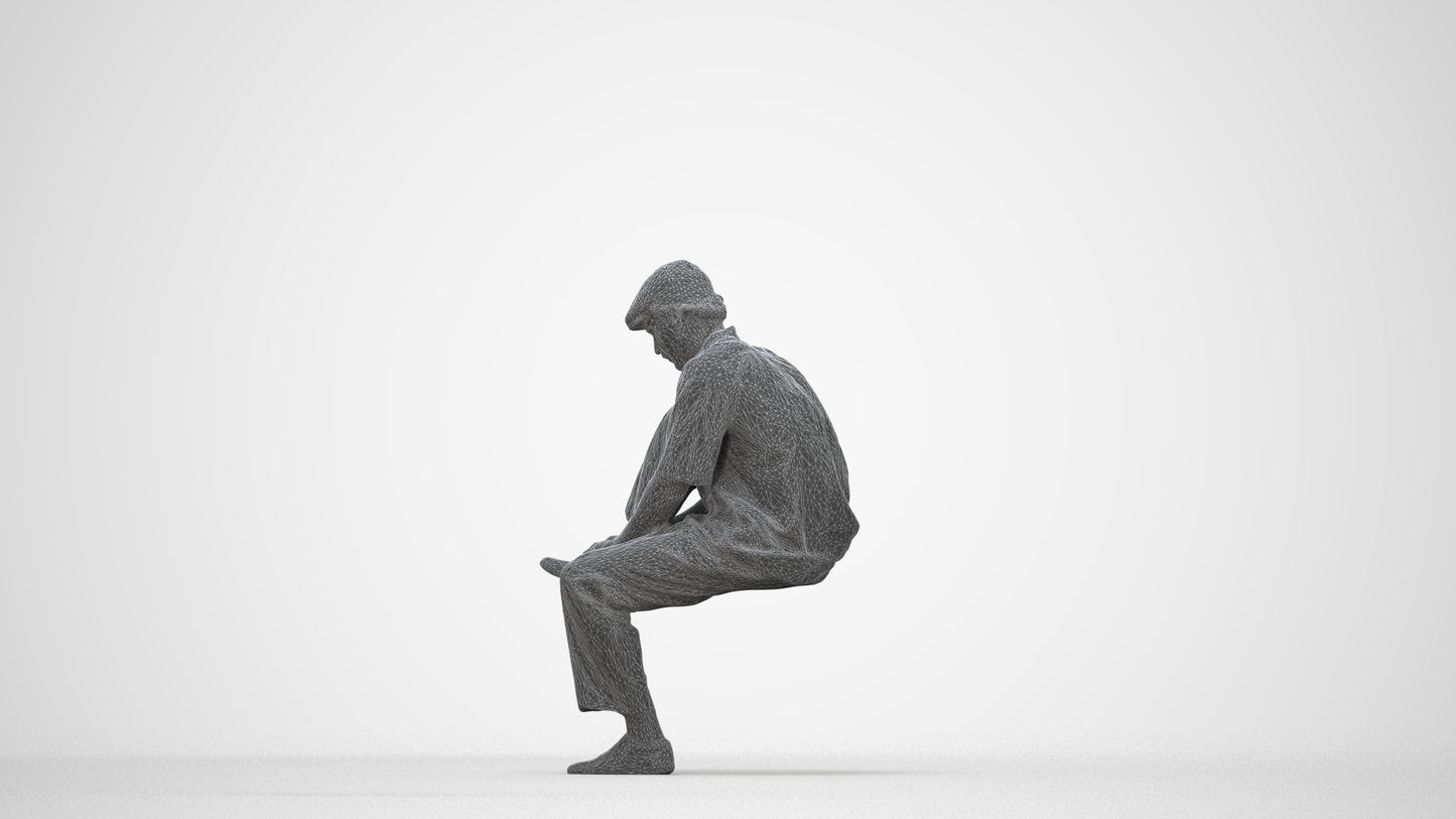 3D scanned man sitting casual, photorealistic archviz people for Enscape and SketchUp, wireframe back view