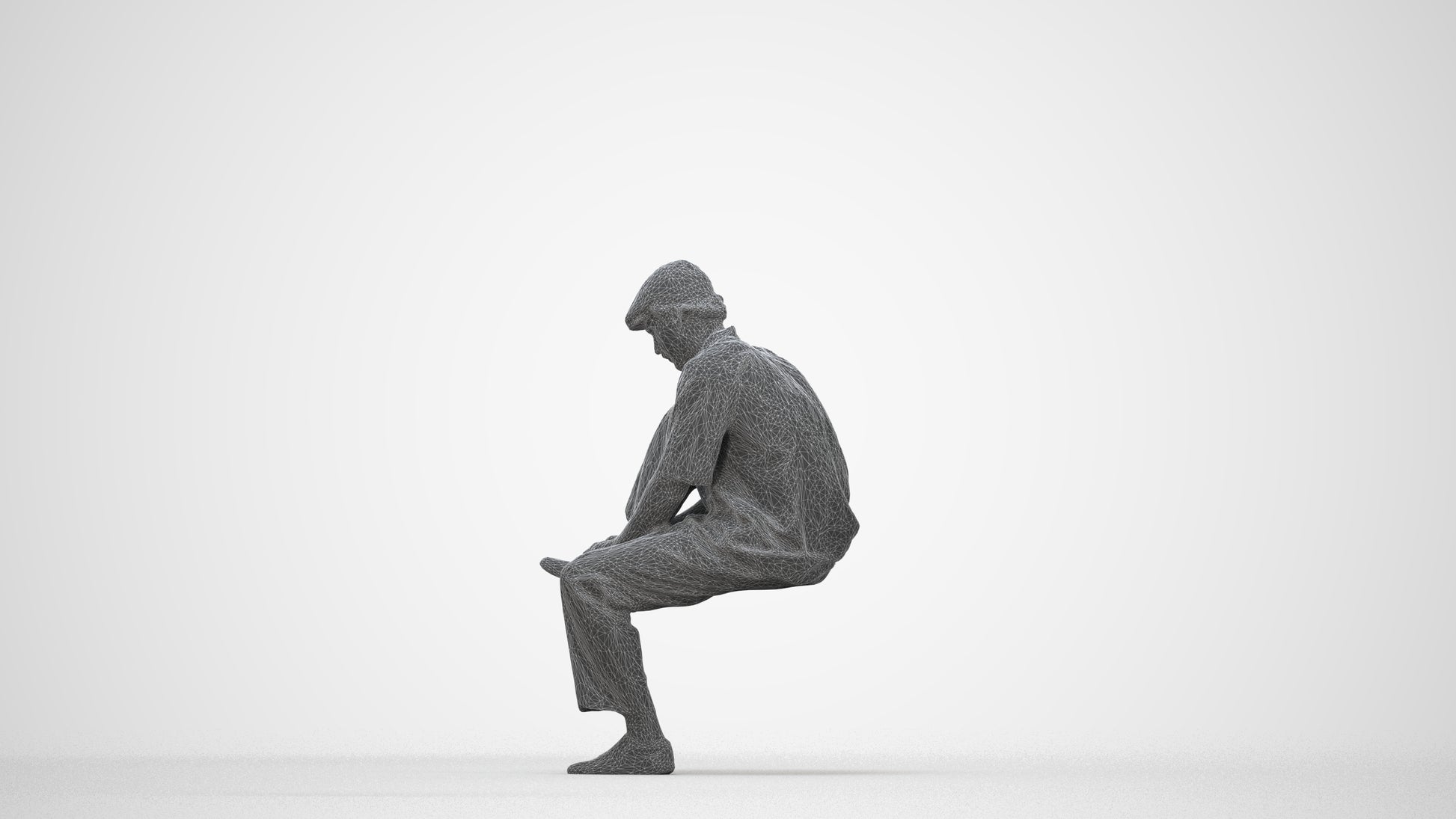 3D scanned man sitting casual, photorealistic archviz people for Enscape and SketchUp, wireframe back view