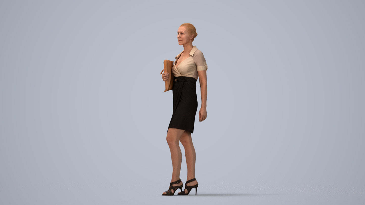 realistic 3D woman business standing, scanned archviz people for Blender and 3ds Max, three-quarter view render