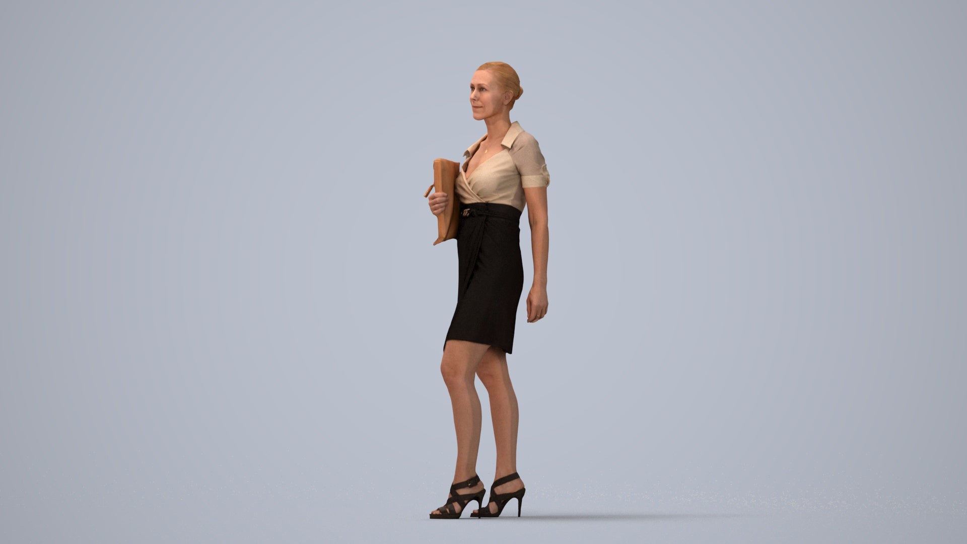realistic 3D woman business standing, scanned archviz people for Blender and 3ds Max, three-quarter view render