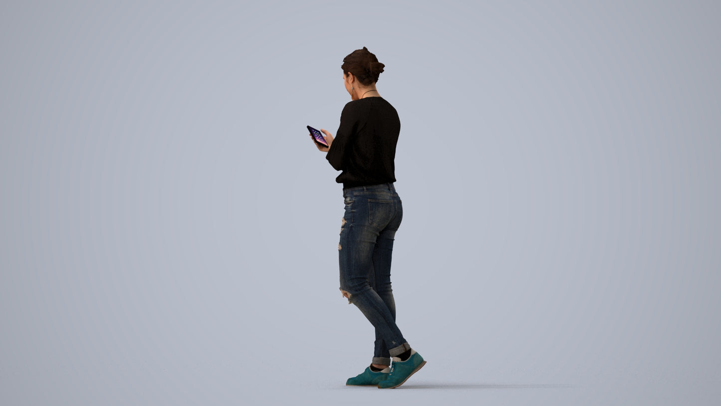 realistic 3D woman casual standing, scanned archviz people for Blender and 3ds Max, three-quarter view render