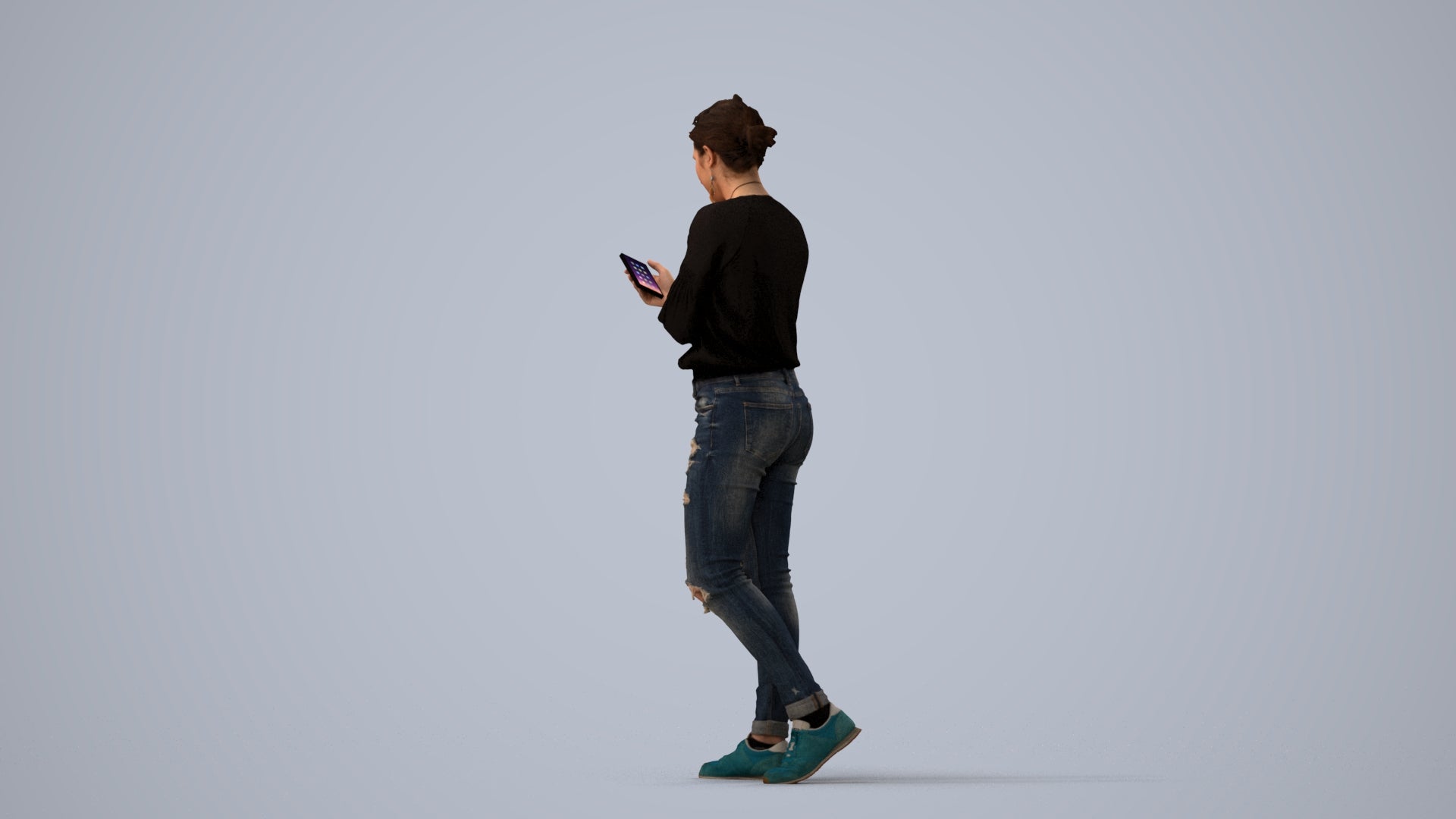 realistic 3D woman casual standing, scanned archviz people for Blender and 3ds Max, three-quarter view render