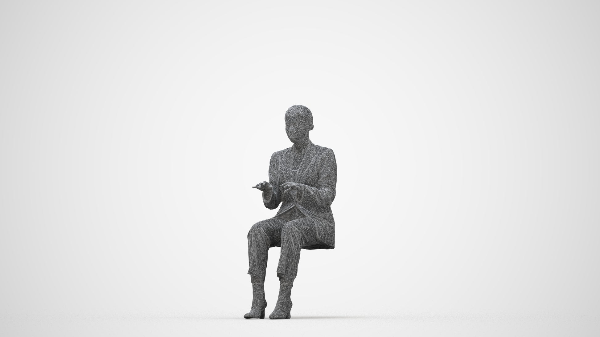 3D human model woman business, photogrammetry scanned person for archviz, wireframe back view