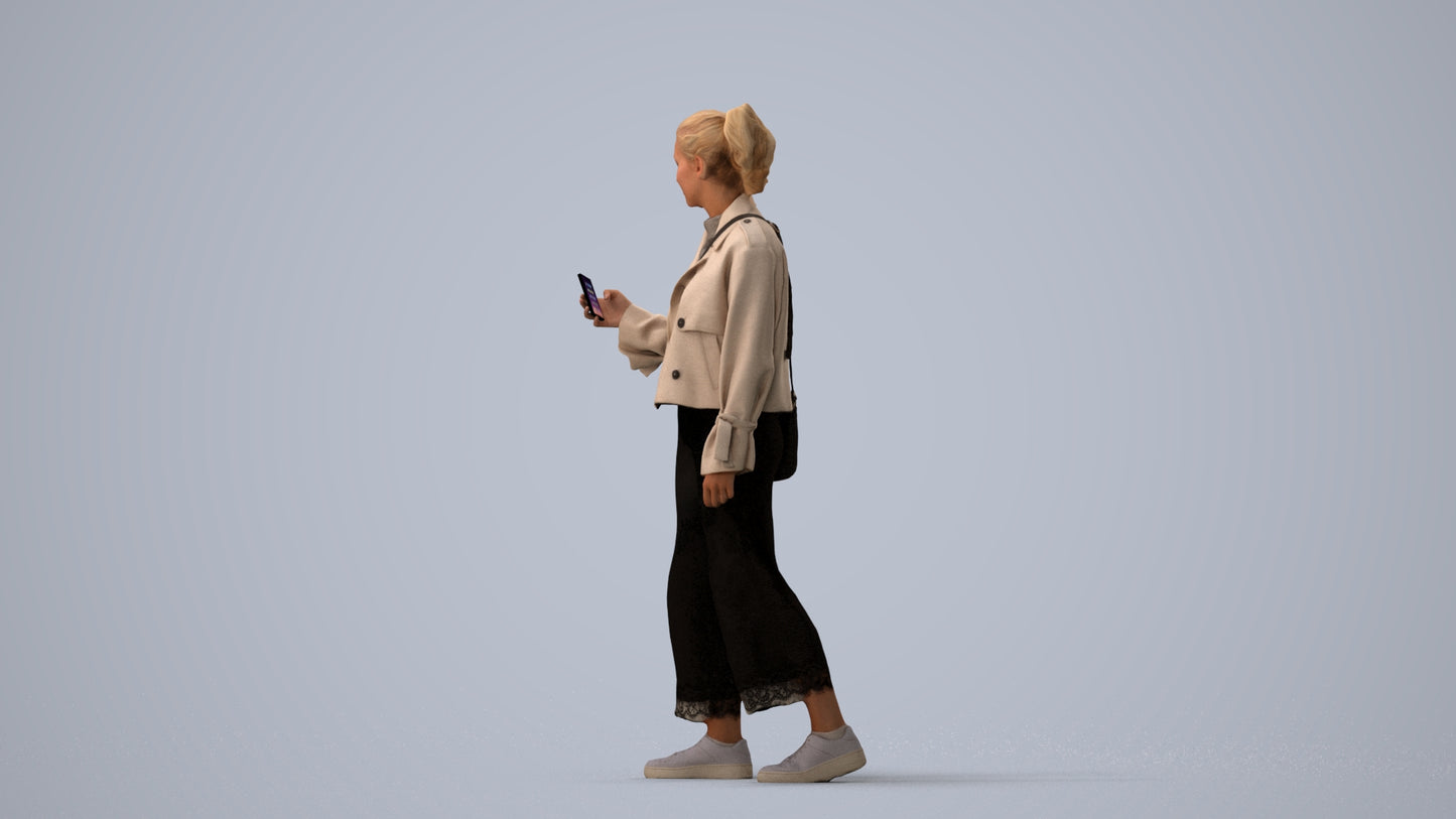 3D people model woman casual walking, scanned human for 3ds Max rendering, three-quarter view render