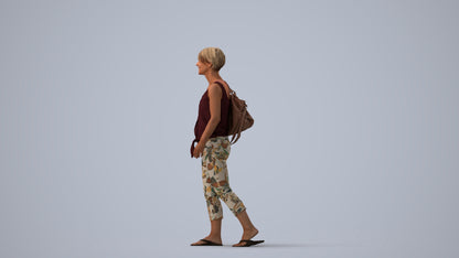 realistic 3D human senior woman walking, archviz people FBX OBJ for Blender, three-quarter view render