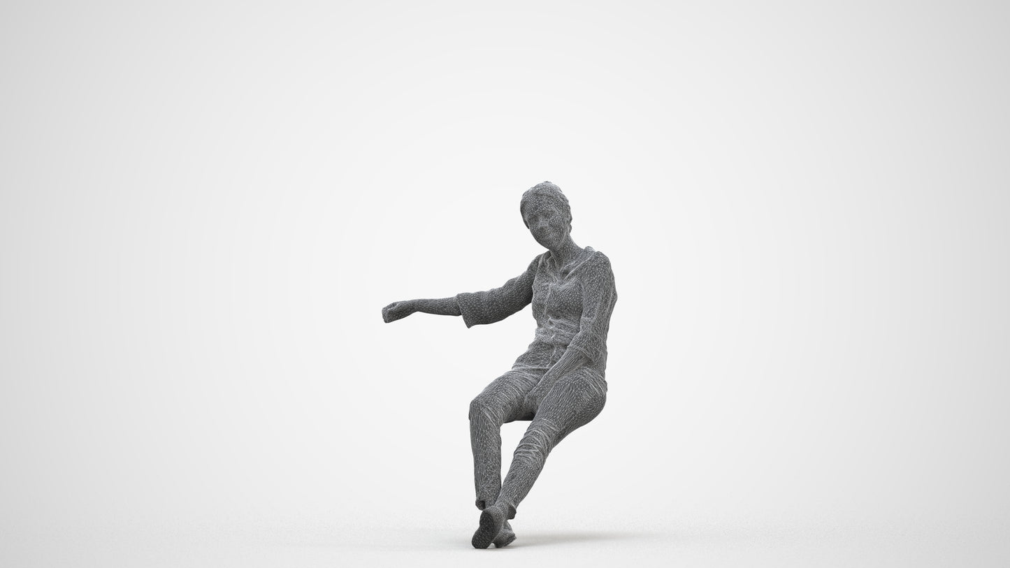 realistic 3D woman casual sitting, scanned archviz people for Blender and 3ds Max, three-quarter front view render