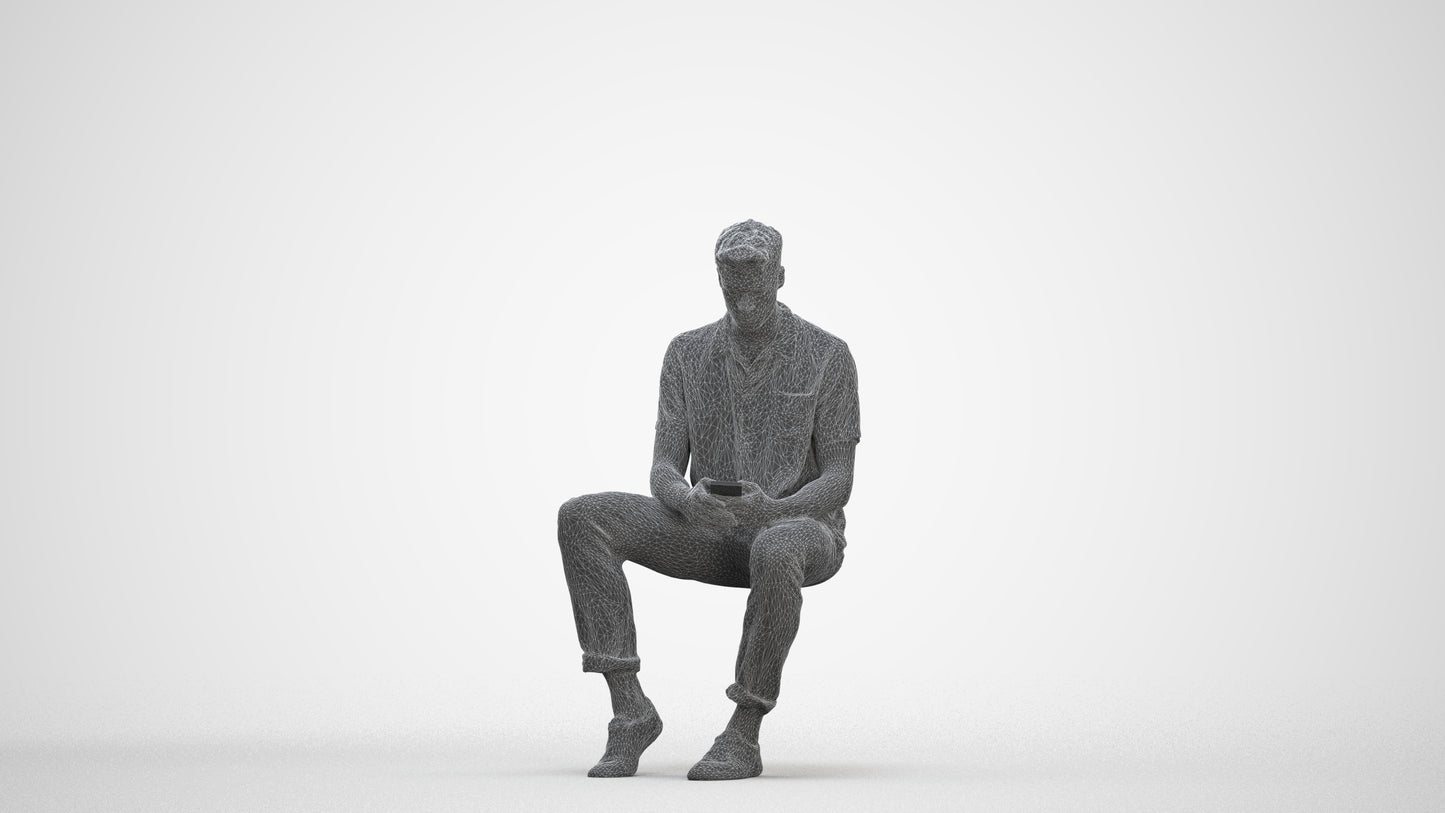 realistic 3D human man casual sitting, archviz people FBX OBJ for Blender, three-quarter front view render
