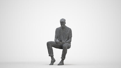 realistic 3D human man casual sitting, archviz people FBX OBJ for Blender, three-quarter front view render