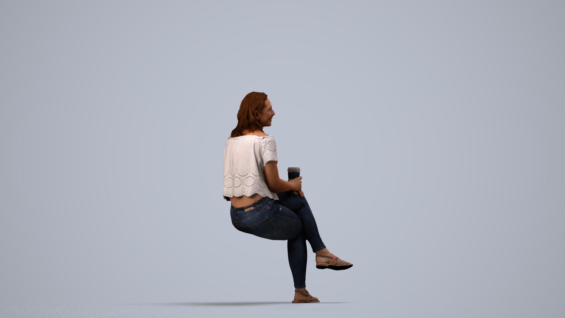 realistic 3D people woman casual sitting, render-ready for V-Ray and Corona, FBX OBJ, side view render