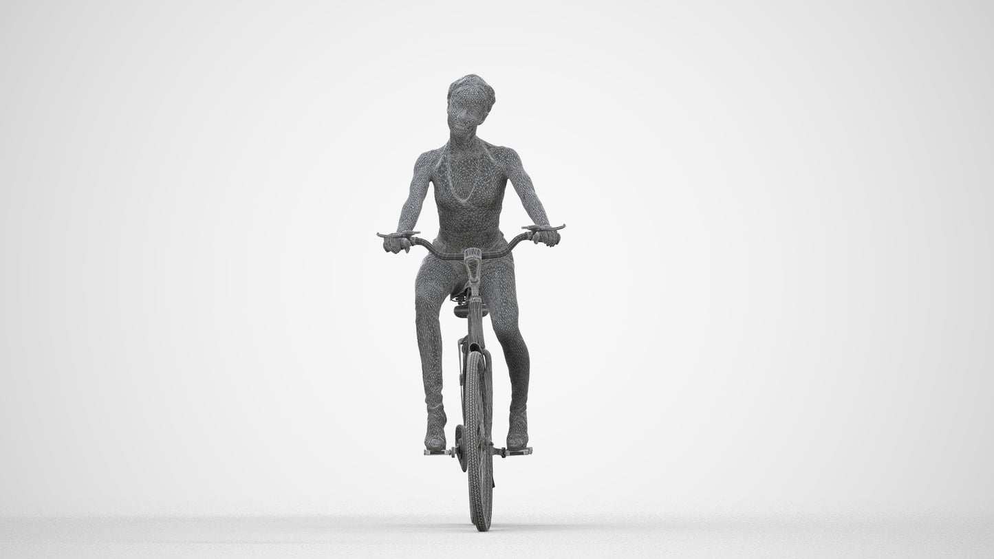 3D scanned woman cycling casual, photorealistic archviz people for Enscape and SketchUp, wireframe back view