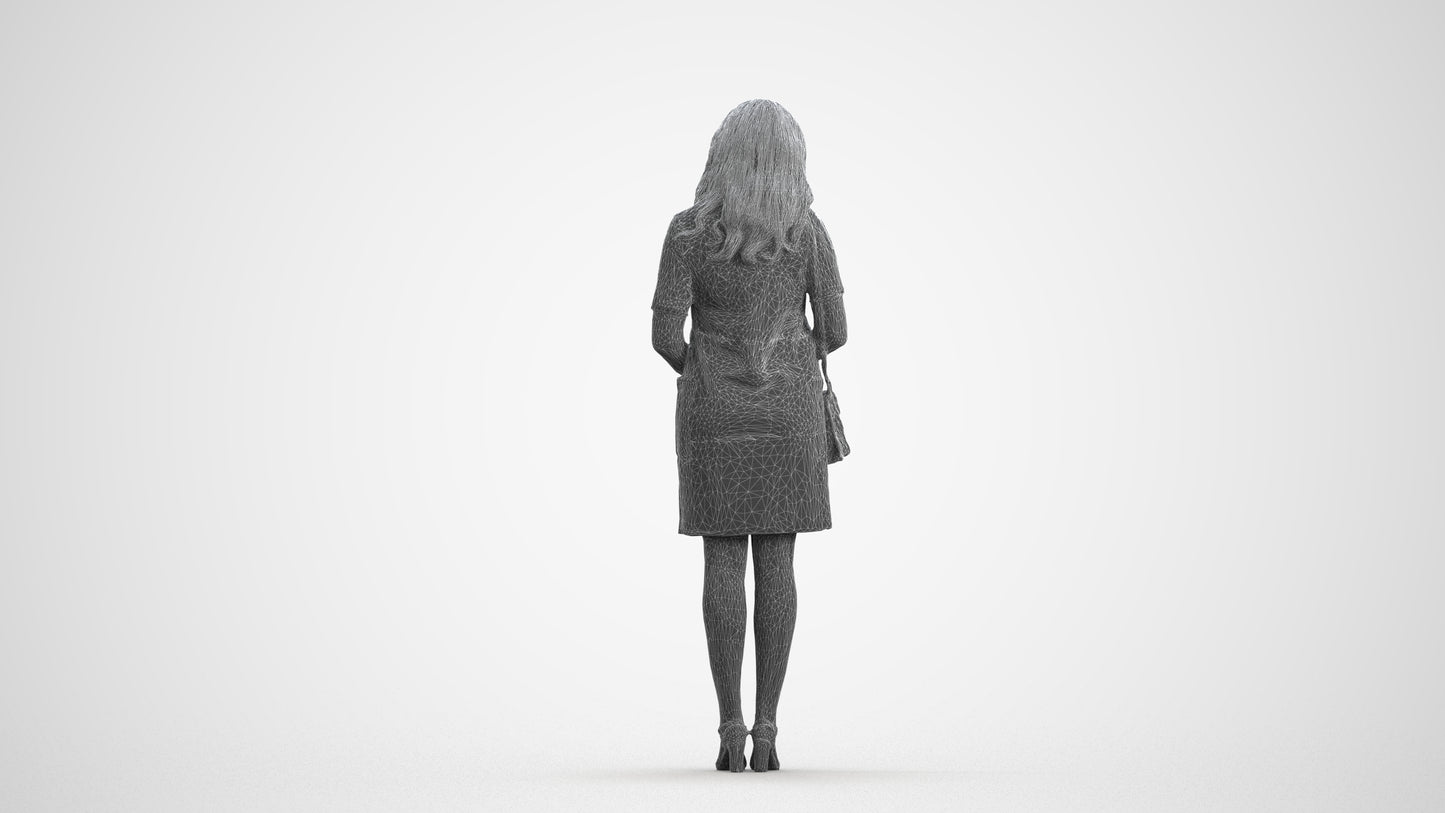 realistic 3D woman business standing, scanned archviz people for Blender and 3ds Max, wireframe front view
