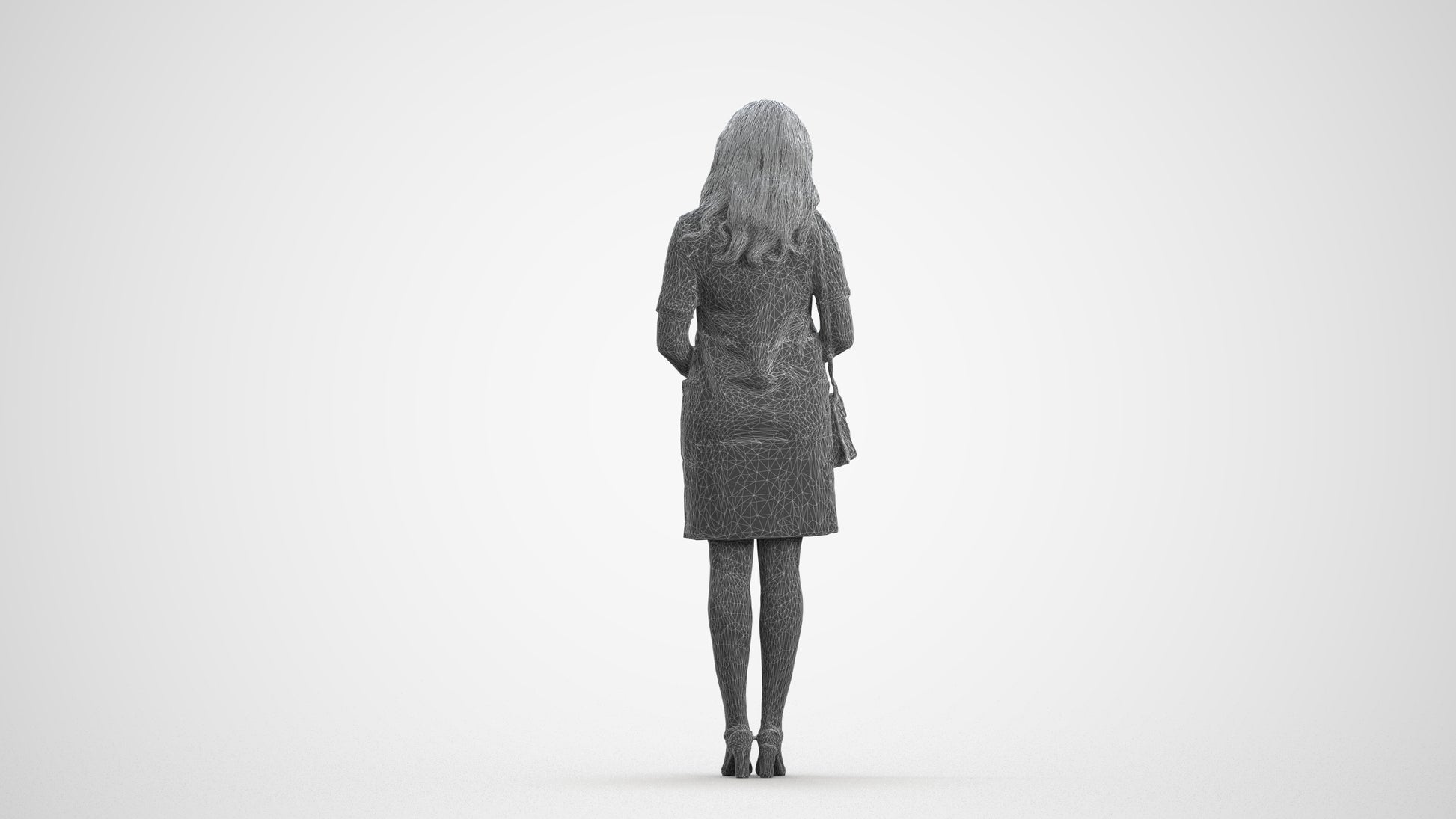 realistic 3D woman business standing, scanned archviz people for Blender and 3ds Max, wireframe front view