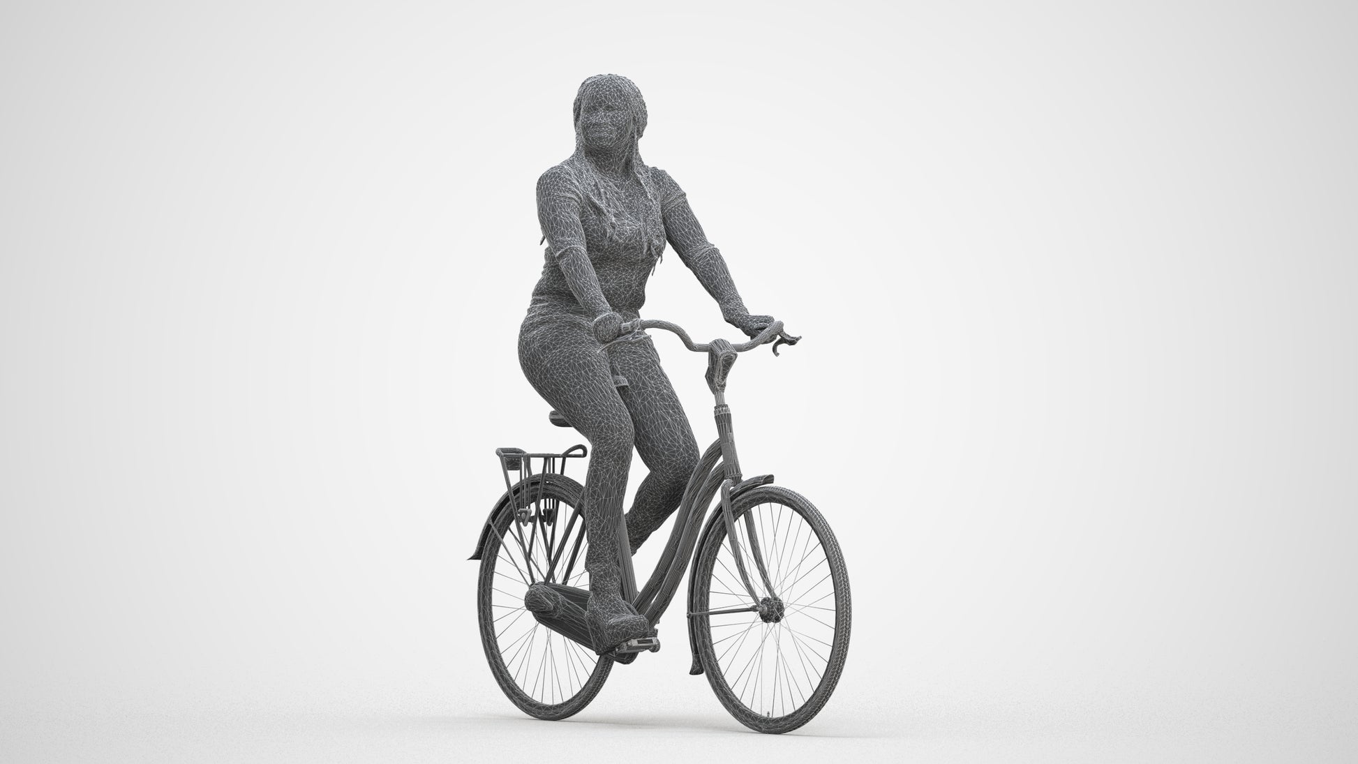 3D human model woman casual cycling, photogrammetry scanned person for archviz, three-quarter front view render