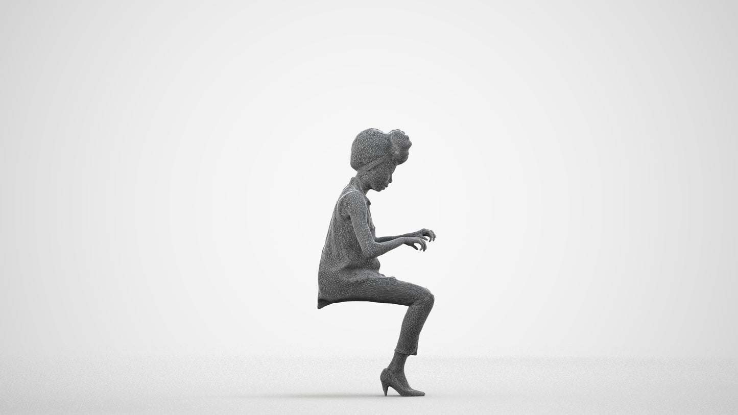 scanned 3D woman casual sitting, photogrammetry people for Enscape and V-Ray, wireframe side view