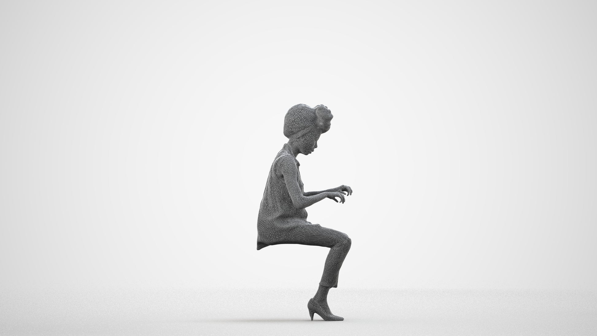 scanned 3D woman casual sitting, photogrammetry people for Enscape and V-Ray, wireframe side view