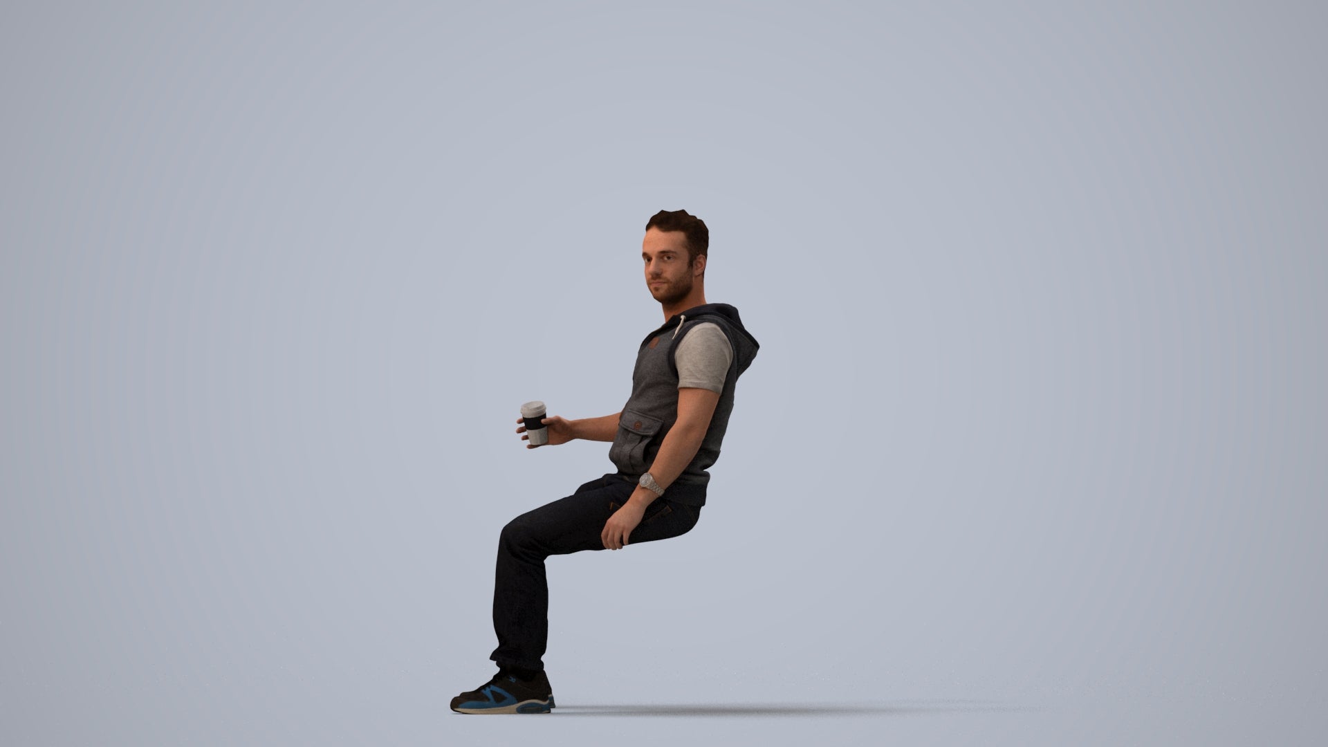 scanned 3D man casual sitting, photogrammetry people for Enscape and V-Ray, three-quarter view render