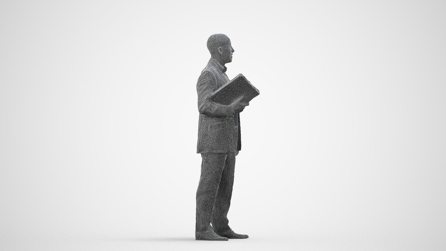 3D scanned man business, photorealistic archviz people for Enscape and SketchUp, wireframe side view