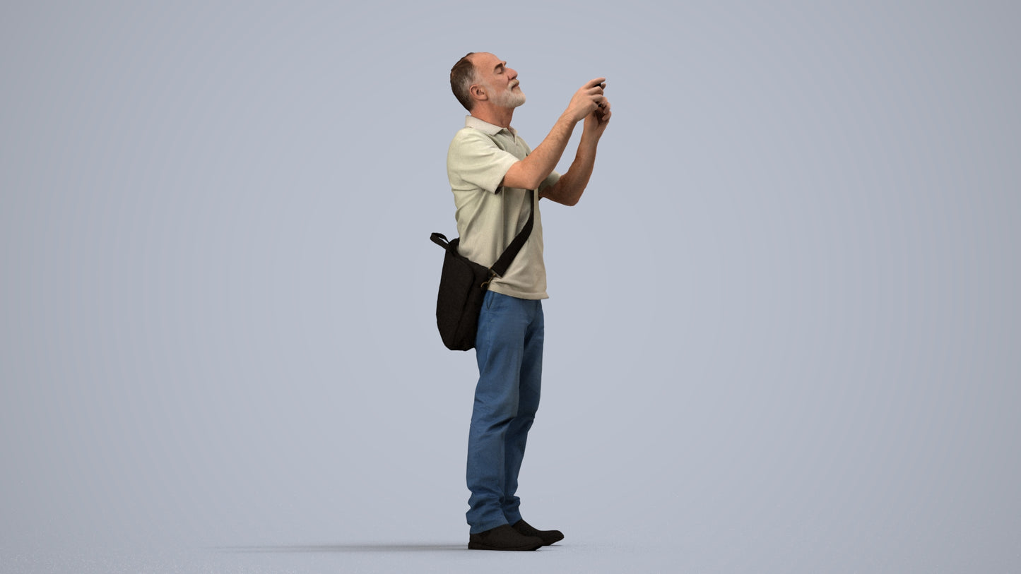 3D people model senior man casual standing, scanned human for 3ds Max rendering, side view render
